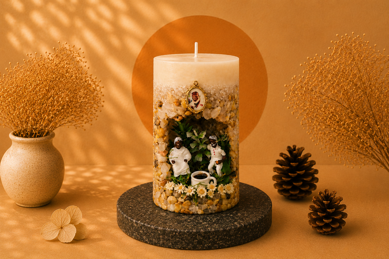 Vela Gruta dos Pretos Velhos artesanal decorada com pedras naturais, miniaturas de Preto Velho e Preta Velha, elementos florais e xícara de café, apresentada em cenário acolhedor com iluminação quente e atmosfera espiritual.