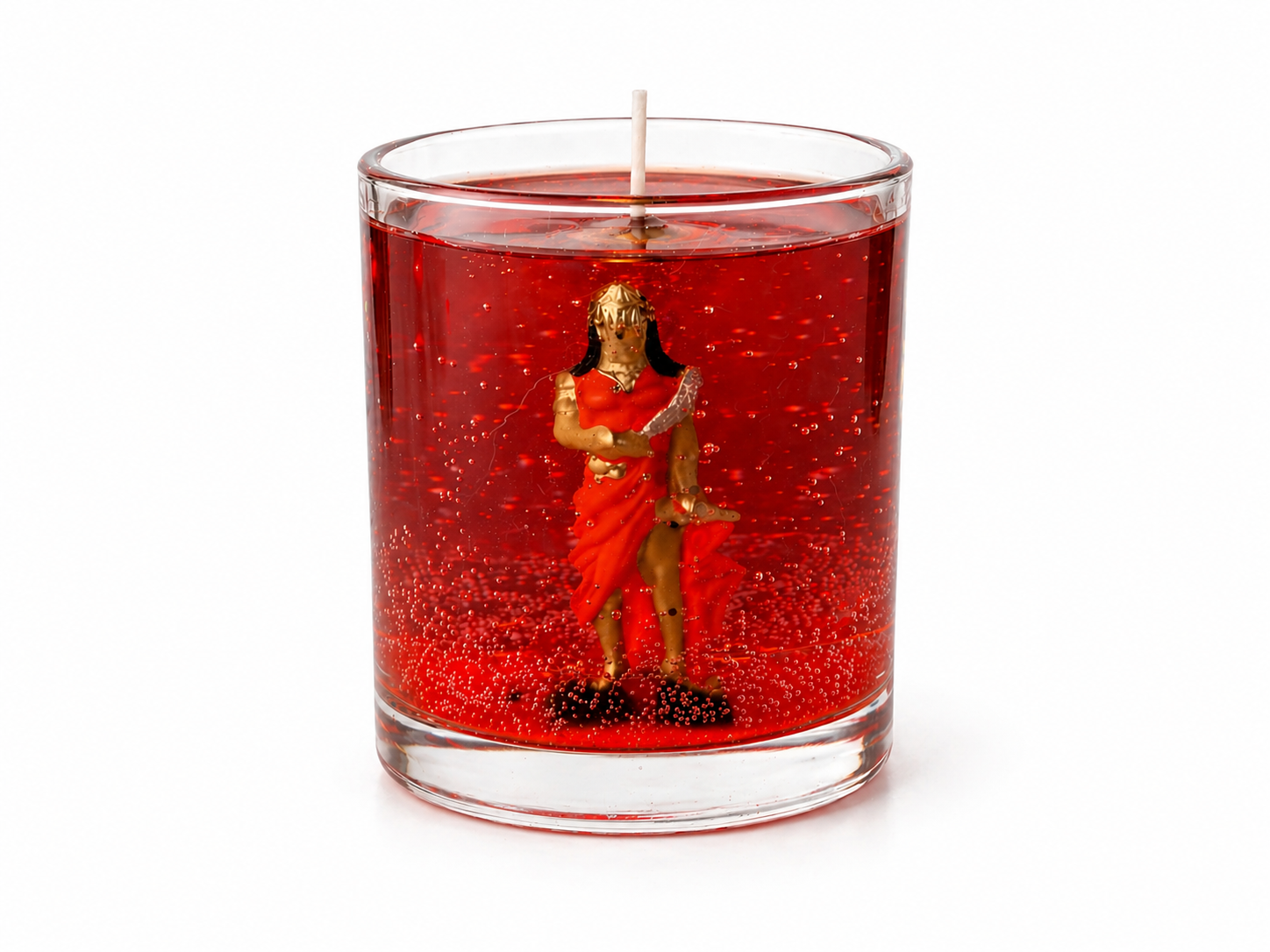Vela em gel vermelha com imagem de Iansã em recipiente de vidro transparente sobre fundo branco.