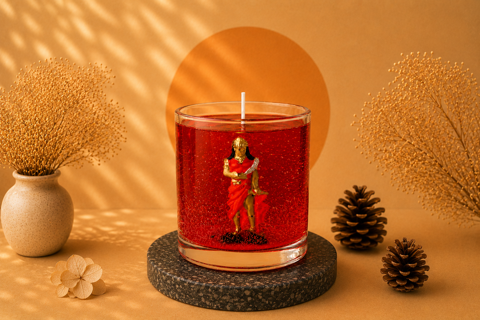 Vela em Gel Iansã artesanal em vidro transparente com parafina em gel vermelha e imagem de Iansã ao centro, apresentada em cenário elegante com iluminação quente e elementos decorativos naturais.