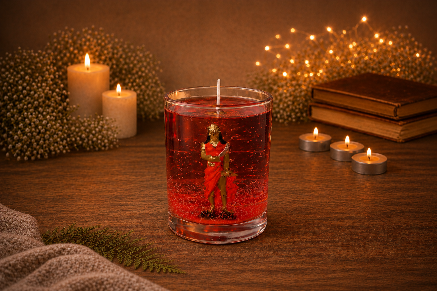 Vela em Gel Iansã artesanal em copo de vidro redondo com parafina em gel vermelha translúcida, contendo uma representação de Iansã em seu interior. A peça está posicionada em um ambiente acolhedor com velas acesas, livros antigos e iluminação dourada ao fundo.