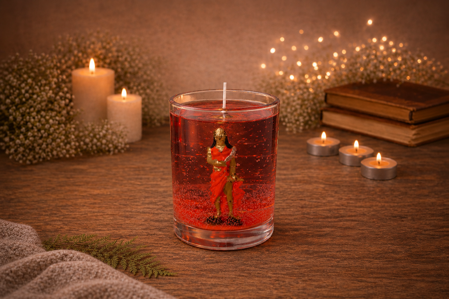 Vela em Gel Iansã artesanal em copo de vidro redondo com parafina em gel vermelha translúcida, contendo uma representação de Iansã em seu interior. A peça está posicionada em um ambiente acolhedor com velas acesas, livros antigos e iluminação dourada ao fundo.