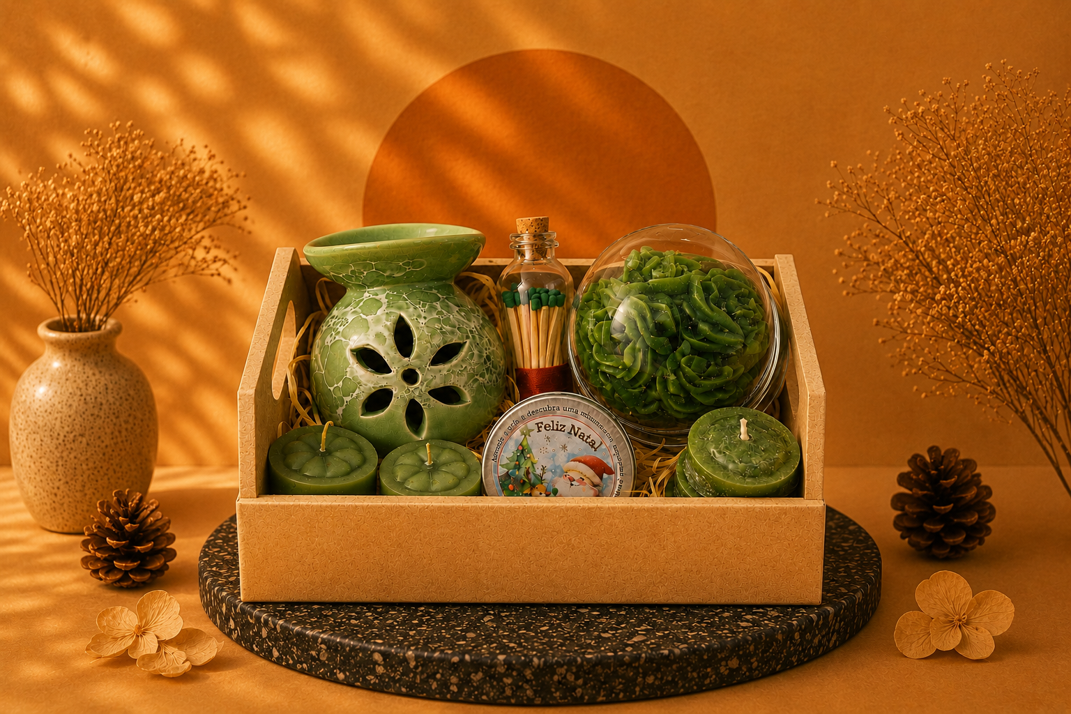 Kit Aromático Decorativo composto por aromatizador cerâmico verde, vela decorativa em formato floral dentro de redoma de vidro, fósforos decorativos em frasco de vidro, mini velas artesanais e lata aromática temática de Natal. Os itens estão organizados em uma elegante bandeja de madeira sobre base escura, com composição sofisticada em tons de verde e cenário acolhedor com iluminação quente, flores secas e pinhas decorativas ao fundo.