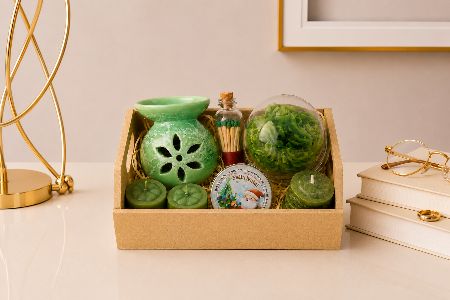 Kit Aromático Decorativo composto por aromatizador cerâmico verde, vela decorativa floral protegida por redoma de vidro, fósforos decorativos em frasco de vidro, mini velas artesanais e lata aromática temática natalina. Os itens estão organizados em uma elegante caixa de presente com acabamento sofisticado, posicionada em ambiente contemporâneo com iluminação suave, detalhes dourados e elementos decorativos que transmitem aconchego, elegância e bem-estar.