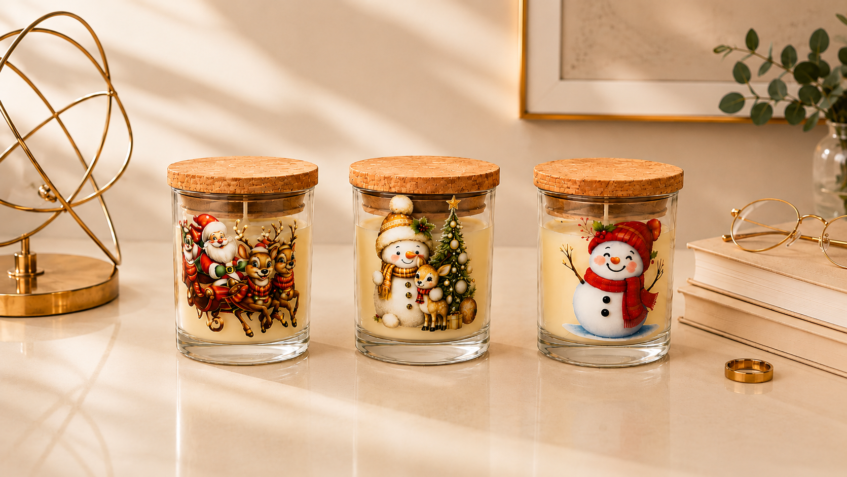 Kit de Velas Natalinas composto por três velas aromáticas em copos de vidro com tampa de cortiça. As ilustrações apresentam personagens clássicos do Natal, incluindo Papai Noel com rena, boneco de neve ao lado de uma árvore decorada e um simpático boneco de neve com cachecol vermelho. A composição está em um ambiente elegante e aconchegante com iluminação suave e decoração sofisticada.
