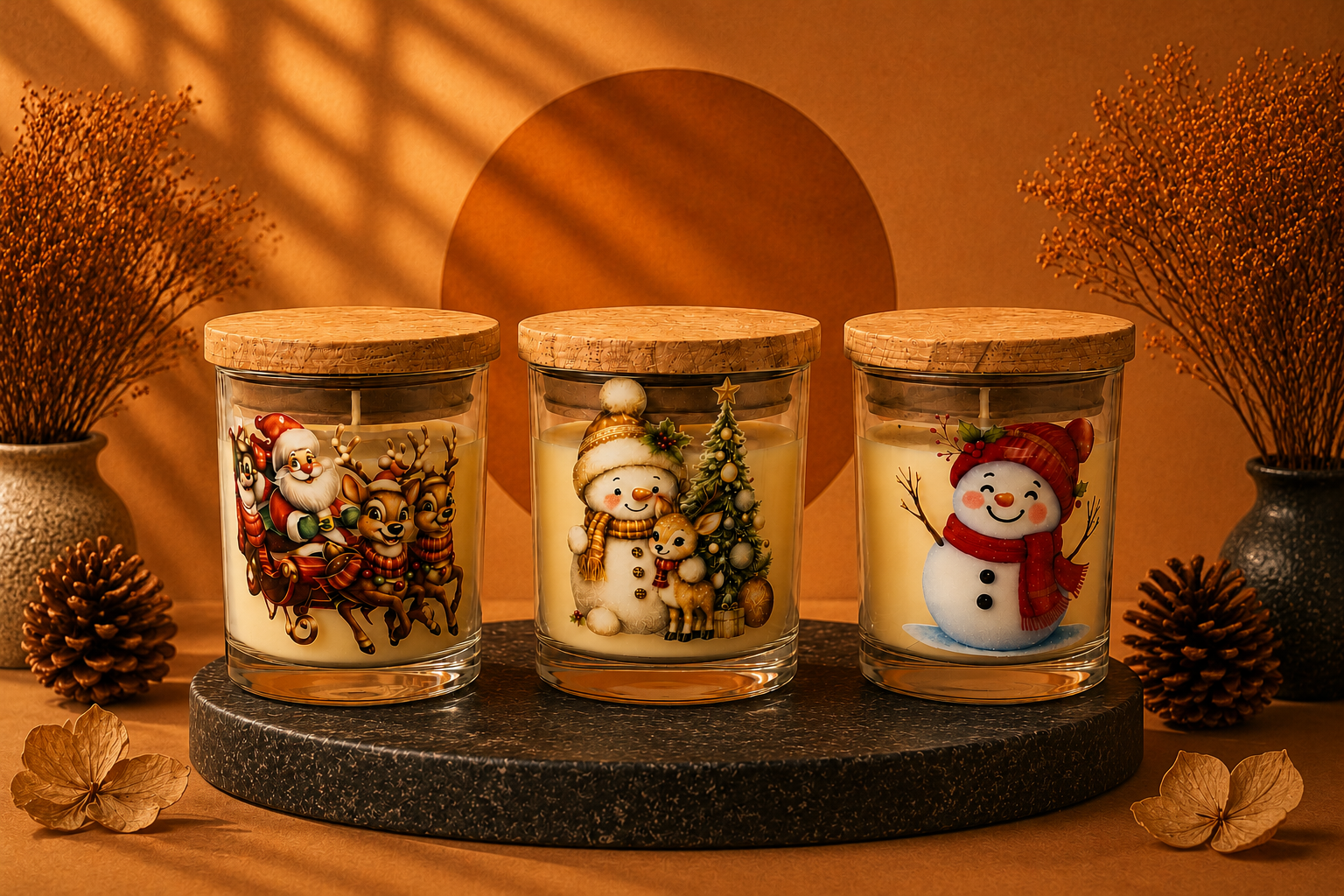 Kit de Velas Natalinas composto por três velas aromáticas em copos de vidro com tampa de cortiça, ilustradas com personagens clássicos do Natal. O conjunto apresenta Papai Noel com suas renas, um boneco de neve ao lado de uma árvore natalina decorada e um alegre boneco de neve com cachecol vermelho. A composição está em um cenário acolhedor com tons quentes, iluminação suave e elementos decorativos que remetem à magia do Natal.