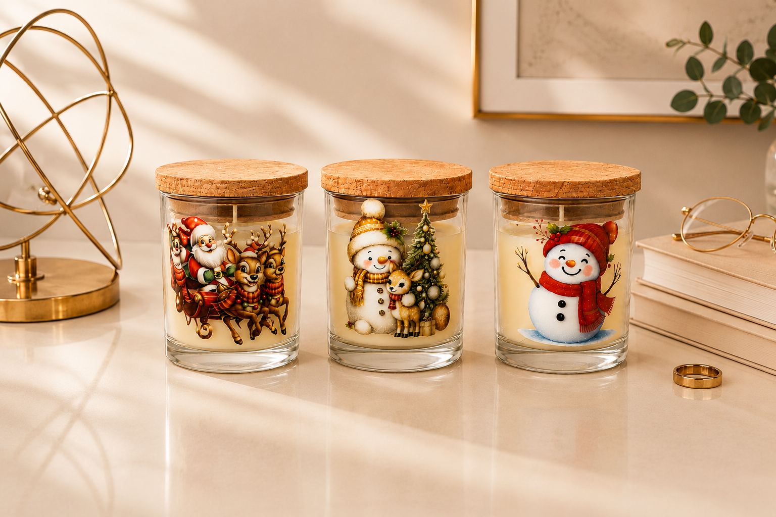 Kit de Velas Natalinas composto por três velas aromáticas em copos de vidro com tampa de cortiça. As ilustrações apresentam personagens clássicos do Natal, incluindo Papai Noel com rena, boneco de neve ao lado de uma árvore decorada e um simpático boneco de neve com cachecol vermelho. A composição está em um ambiente elegante e aconchegante com iluminação suave e decoração sofisticada.