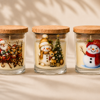 Kit de Velas Natalinas artesanais composto por três velas em copos de vidro transparentes com tampa de cortiça. As peças apresentam ilustrações temáticas de Natal: Papai Noel em seu trenó com renas, boneco de neve acompanhado de uma árvore decorada e um alegre boneco de neve com cachecol vermelho. O conjunto está disposto sobre um fundo bege suave com sombras naturais de folhas, transmitindo uma atmosfera delicada, acolhedora e elegante.