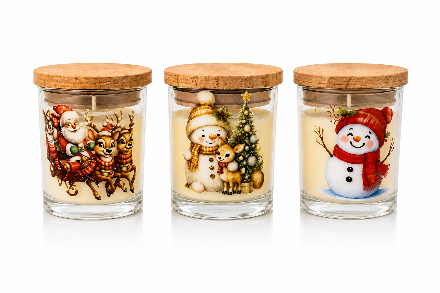 Kit de Velas Natalinas artesanais composto por três velas em copos de vidro transparentes com tampa de cortiça, fotografadas em fundo branco para catálogo. As ilustrações apresentam Papai Noel em trenó com renas, um boneco de neve acompanhado de uma árvore de Natal decorada e um alegre boneco de neve com cachecol vermelho. O conjunto destaca detalhes coloridos e delicados que remetem à magia das celebrações natalinas.