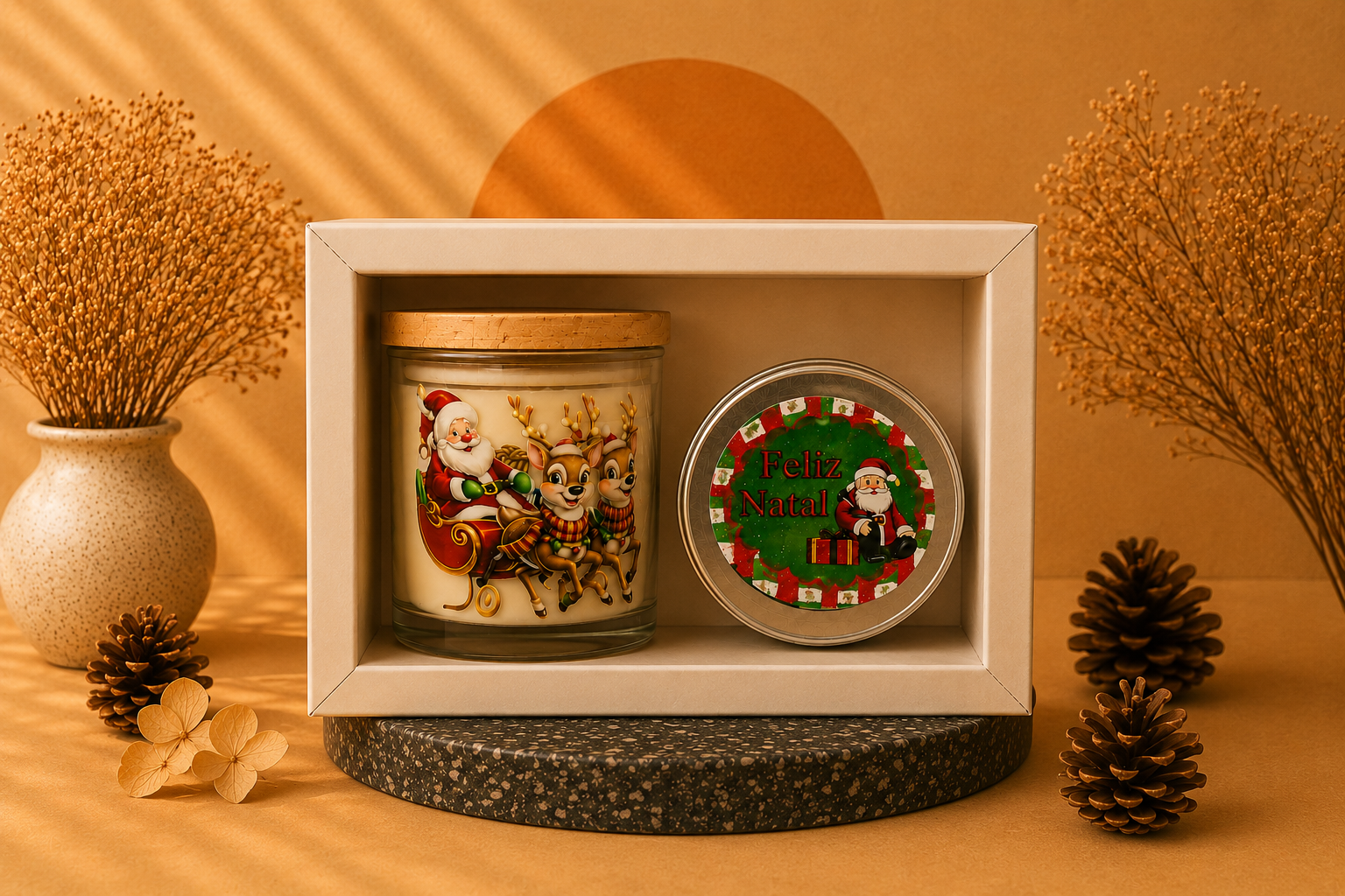 Kit Presente Natalino com vela aromática decorativa em pote de vidro com estampa de Papai Noel e rena, acompanhado de lata temática de Natal, apresentado em embalagem elegante para presentear.