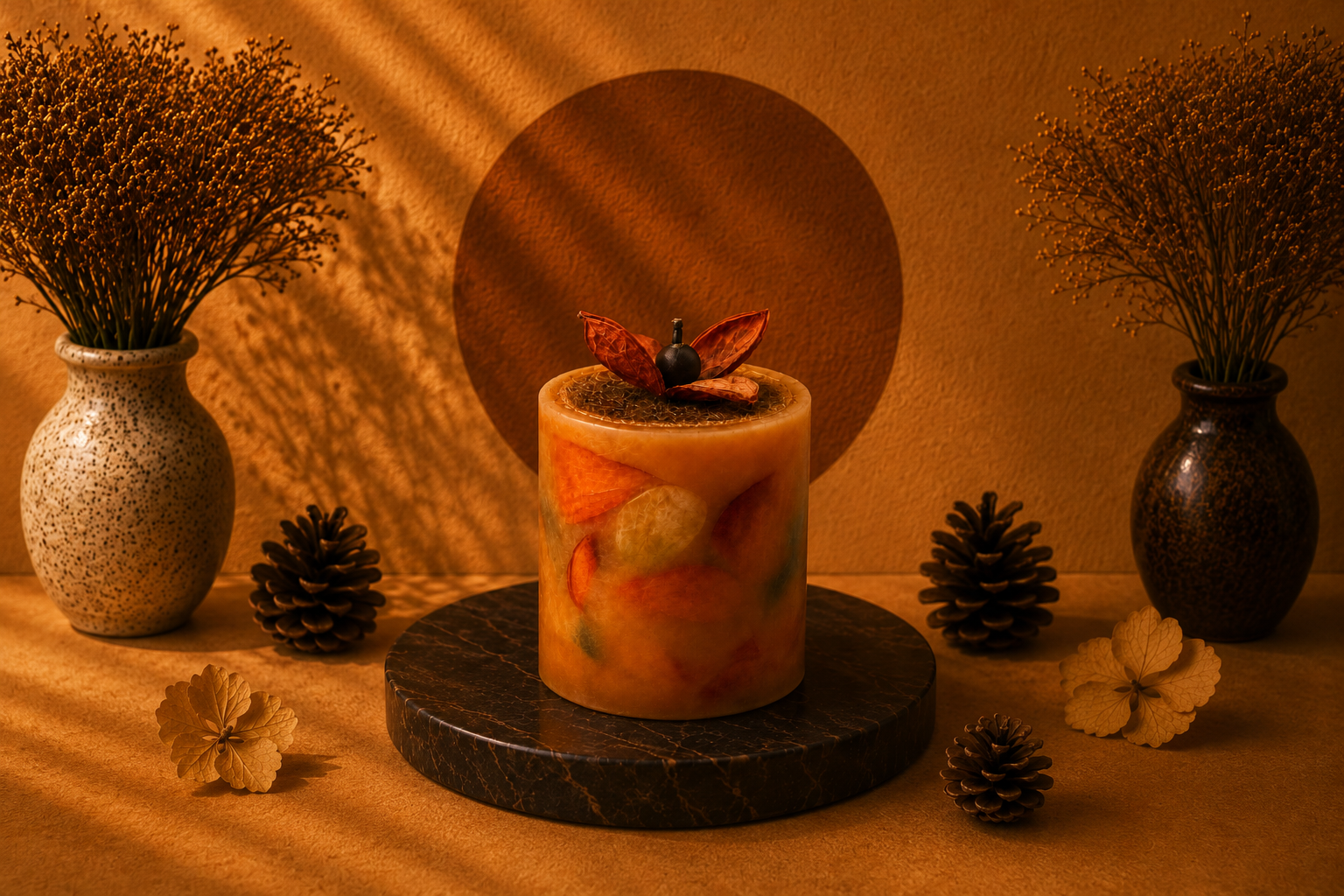 Vela Aromática Botânica artesanal em formato cilíndrico, composta por cera translúcida com folhas e elementos botânicos naturais preservados em tons terrosos, alaranjados e verdes. A peça possui acabamento sofisticado e decoração superior com folhas secas delicadas, apresentada em um cenário acolhedor de inspiração natural e elegante.