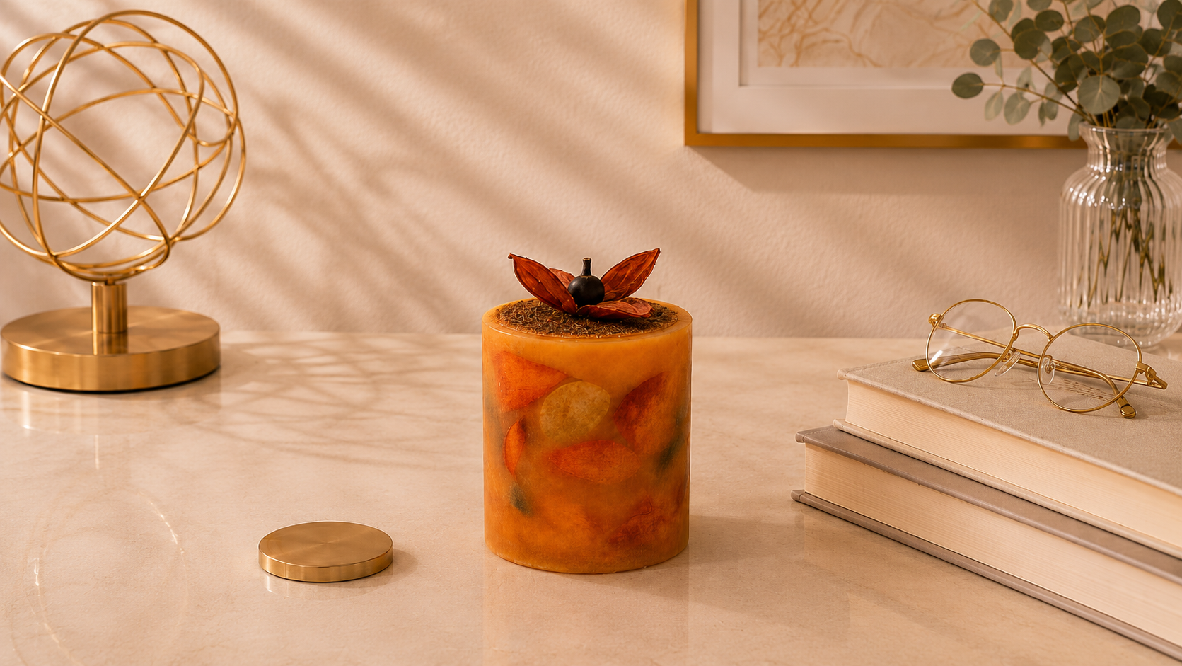 Vela Aromática Botânica artesanal em formato cilíndrico, produzida com cera translúcida em tons quentes de laranja, âmbar e dourado, incorporando folhas naturais preservadas em seu interior. O topo é decorado com delicadas folhas secas e elementos botânicos, criando uma peça sofisticada, elegante e inspirada na beleza da natureza.