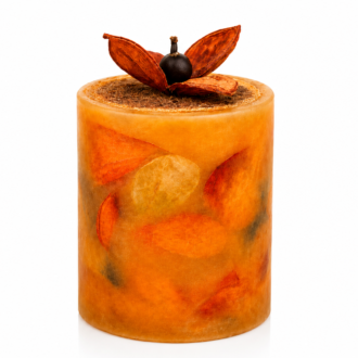 Vela Aromática Botânica artesanal em formato cilíndrico, confeccionada com cera em tons quentes de laranja, âmbar e dourado, incorporando folhas naturais preservadas em sua composição. O topo apresenta uma delicada decoração botânica formada por folhas secas e um elemento central escuro, criando uma peça elegante, acolhedora e inspirada na beleza da natureza.