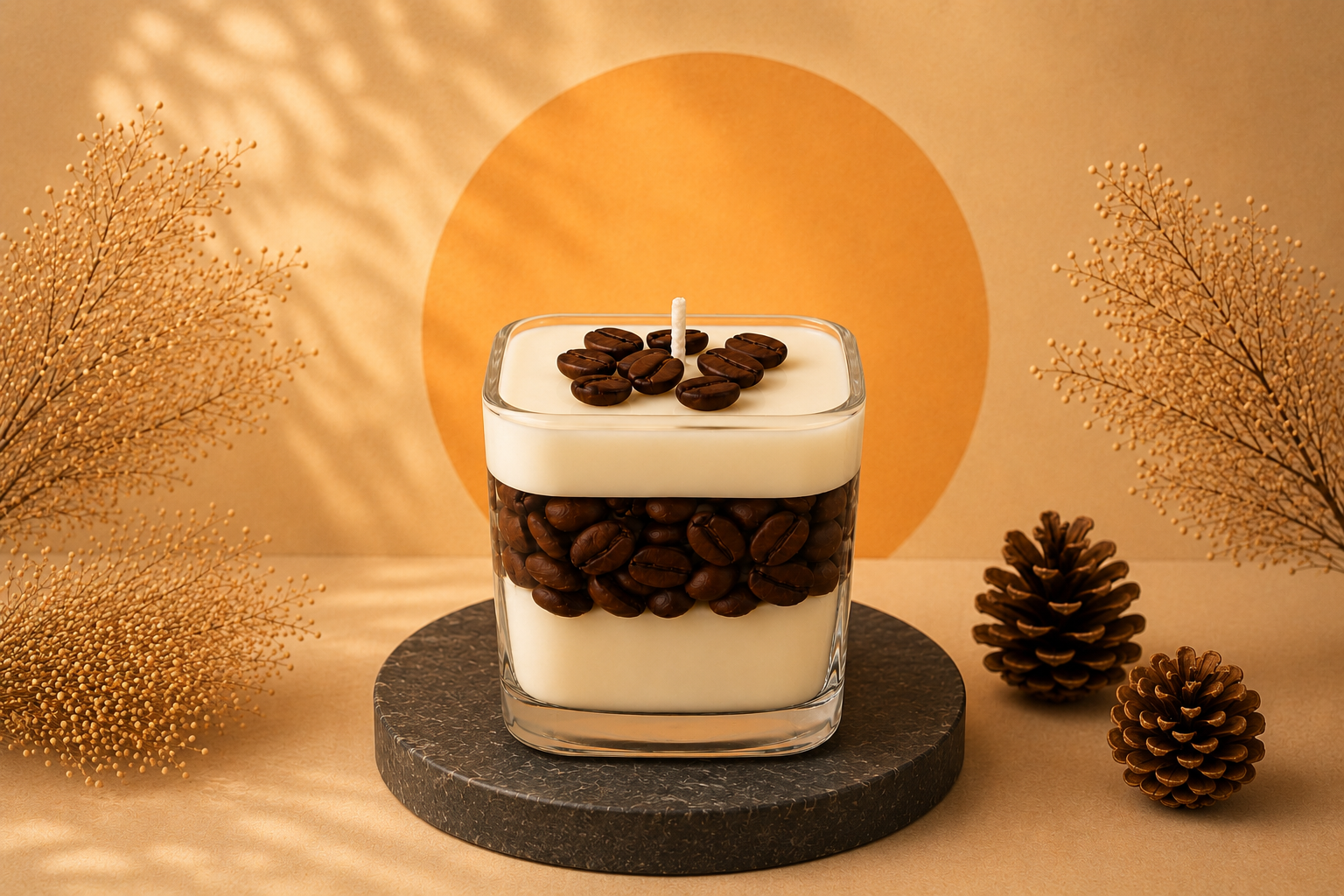 Vela Aromática Coffee artesanal em recipiente de vidro quadrado transparente, decorada com grãos de café e camadas de cera branca, apresentada em cenário aconchegante com iluminação quente e elementos naturais.