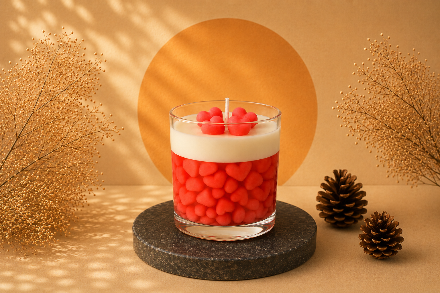 Vela Aromática Corações artesanal em copo de vidro transparente, decorada com delicados corações vermelhos e acabamento em cera branca, apresentada em cenário sofisticado com iluminação quente e elementos naturais.