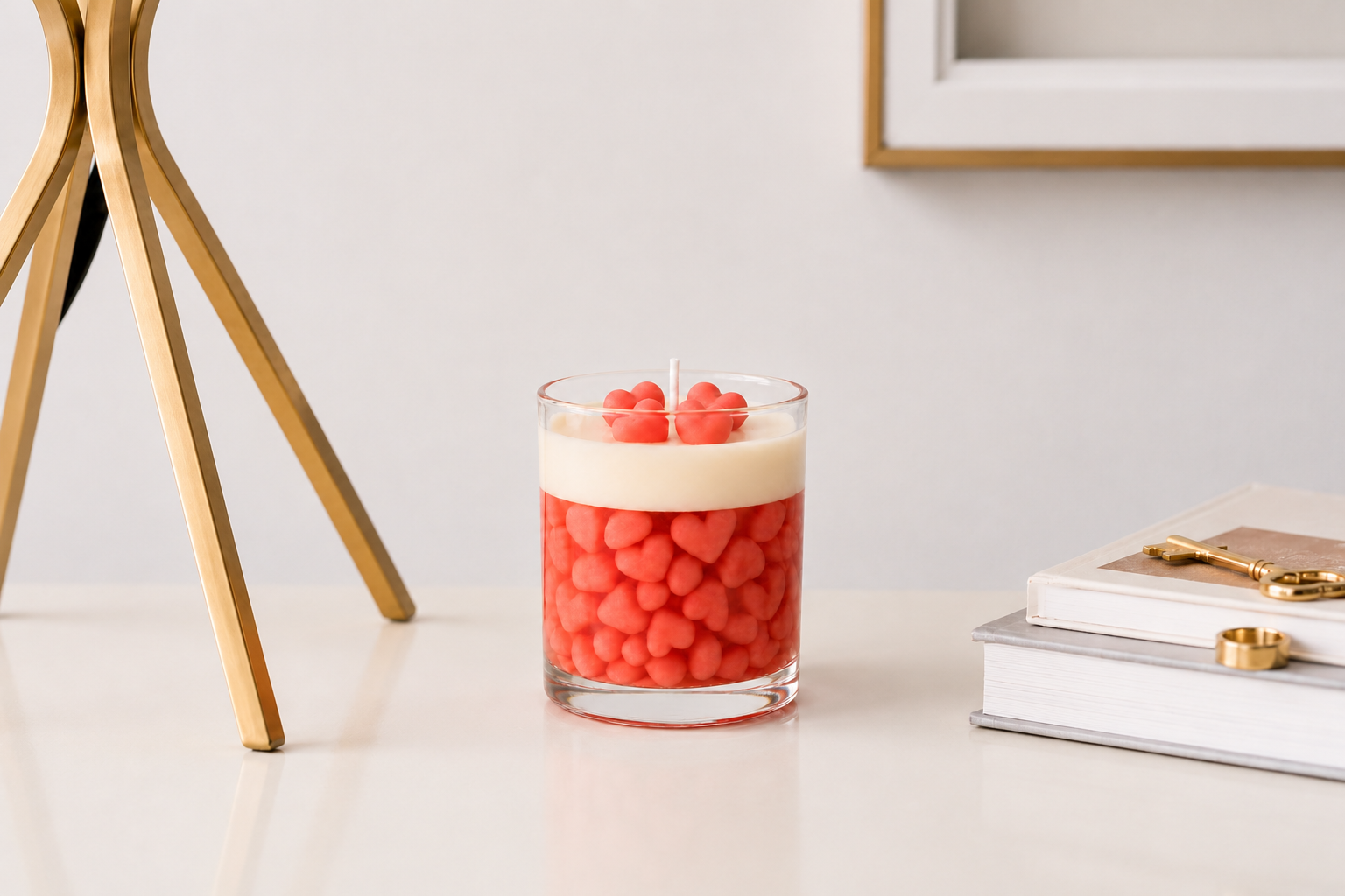 Vela aromática decorativa com pequenos corações rosas em recipiente de vidro transparente, posicionada sobre uma mesa clara ao lado de livros e elementos dourados em um ambiente sofisticado e acolhedor.