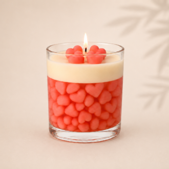 Vela aromática decorativa com pequenos corações rosas em recipiente de vidro transparente, acesa, sobre fundo bege suave com sombras delicadas de folhagens ao fundo.