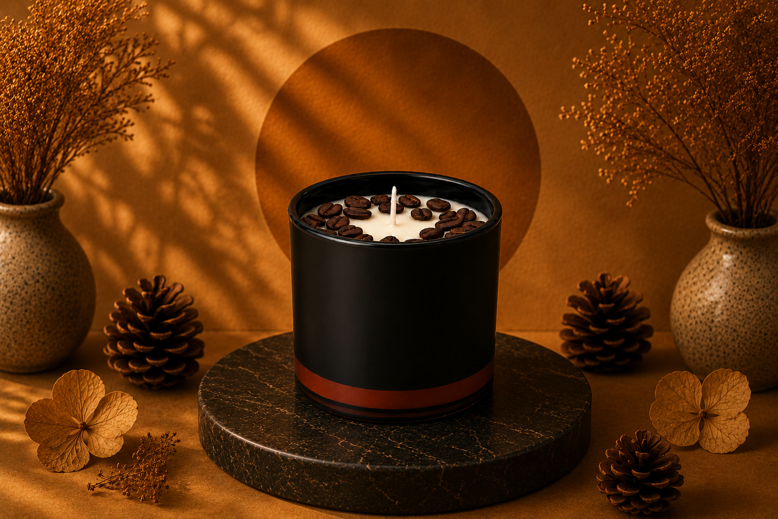 Vela Aromática de Café Torrado em recipiente sofisticado preto fosco, decorada com grãos de café sobre a superfície da cera. A vela está posicionada sobre uma base circular escura, em um cenário acolhedor com tons quentes e elementos naturais que remetem ao aroma intenso e envolvente do café recém-torrado.