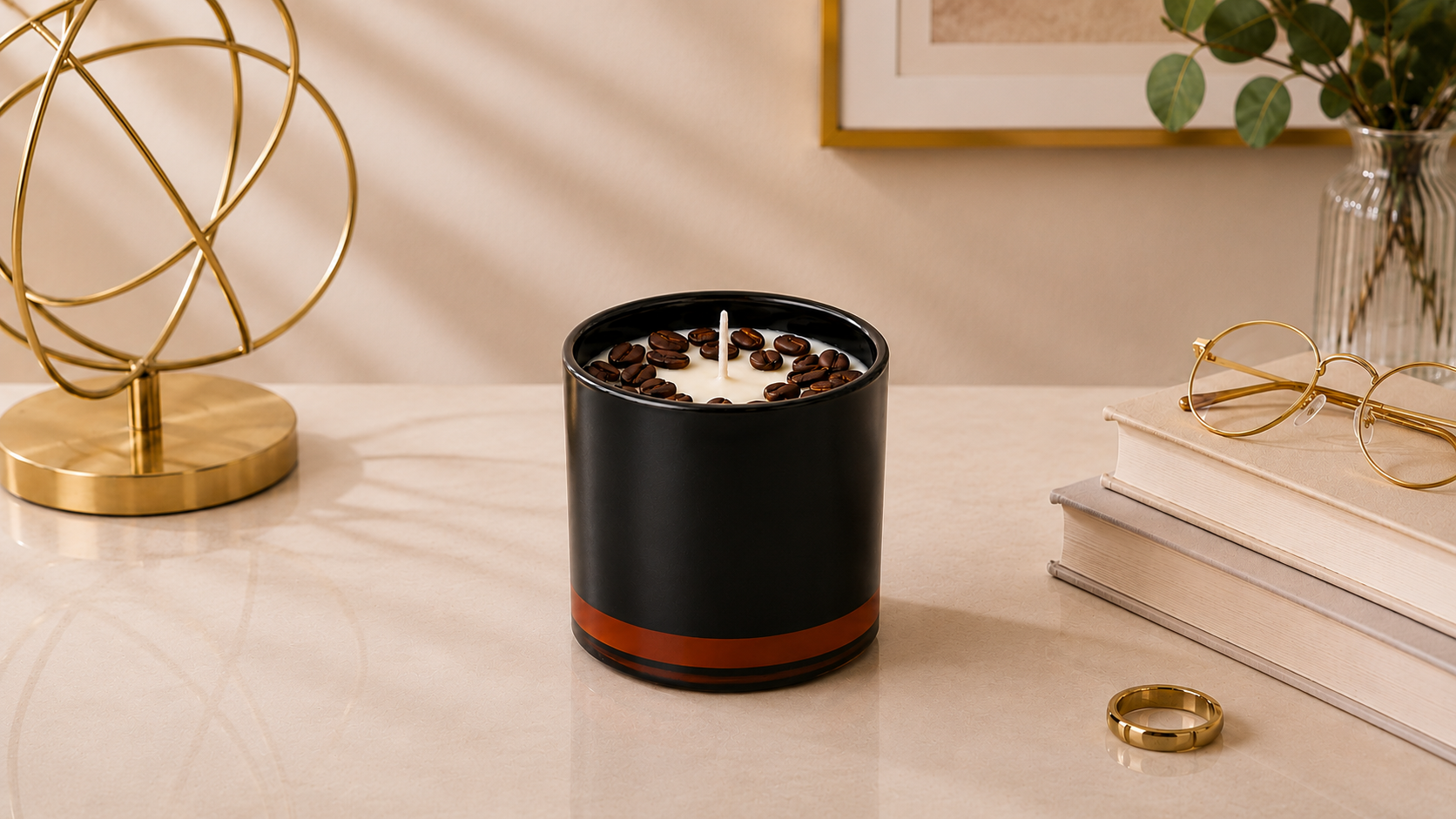 Vela Aromática de Café Torrado em recipiente elegante preto fosco com detalhe âmbar na base. A superfície da vela é decorada com grãos de café, e a composição está inserida em um ambiente sofisticado com livros, elementos dourados e iluminação suave, transmitindo aconchego e requinte.