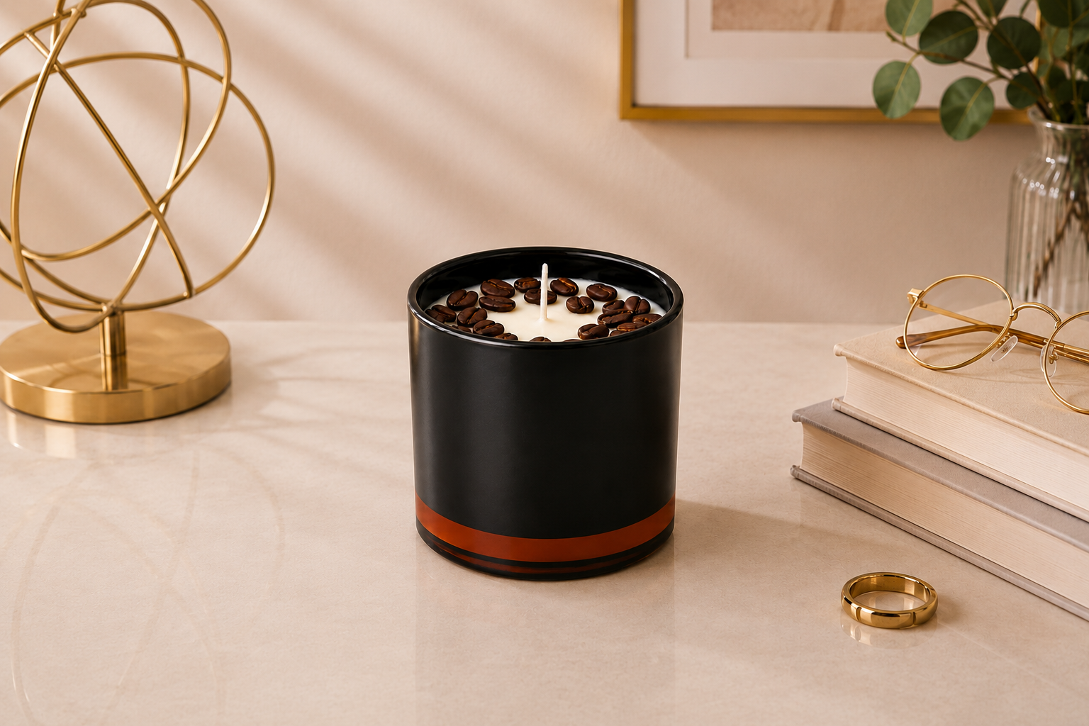 Vela Aromática de Café Torrado em recipiente elegante preto fosco com detalhe âmbar na base. A superfície da vela é decorada com grãos de café, e a composição está inserida em um ambiente sofisticado com livros, elementos dourados e iluminação suave, transmitindo aconchego e requinte.