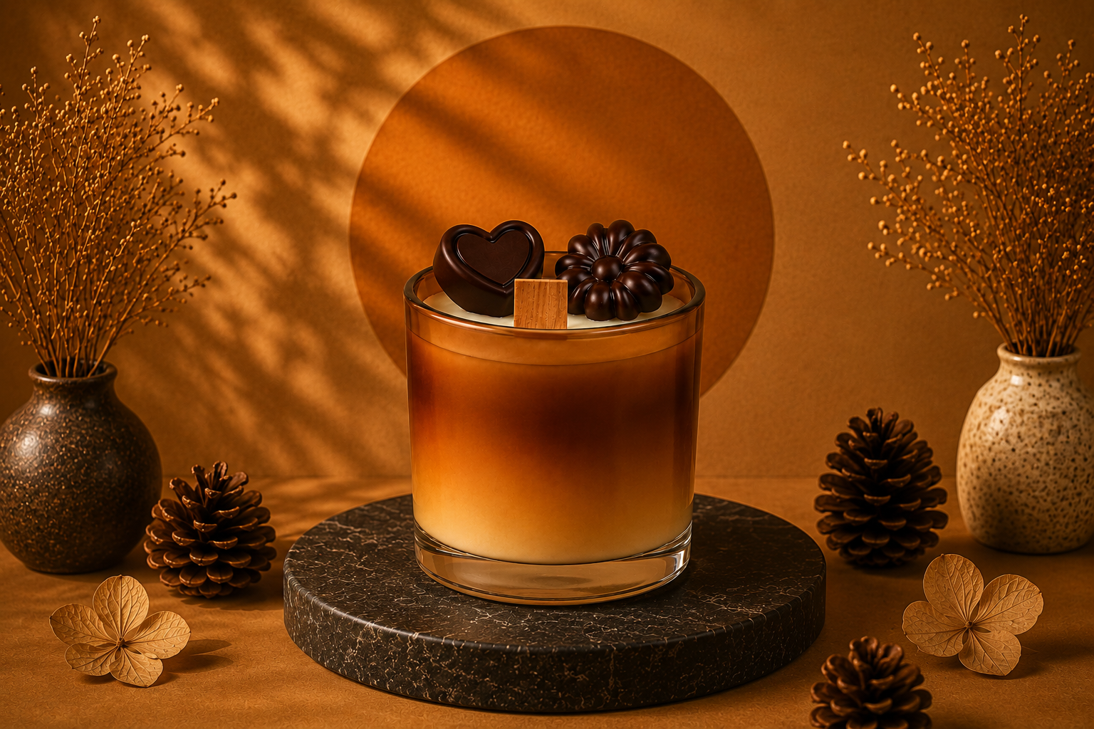 Vela Aromática de Chocolate em copo de vidro transparente com efeito degradê em tons de chocolate e caramelo. A composição possui pavio de madeira e decorações inspiradas em chocolates artesanais sobre a superfície, apresentada em cenário sofisticado com iluminação quente, base de pedra escura e elementos decorativos elegantes.