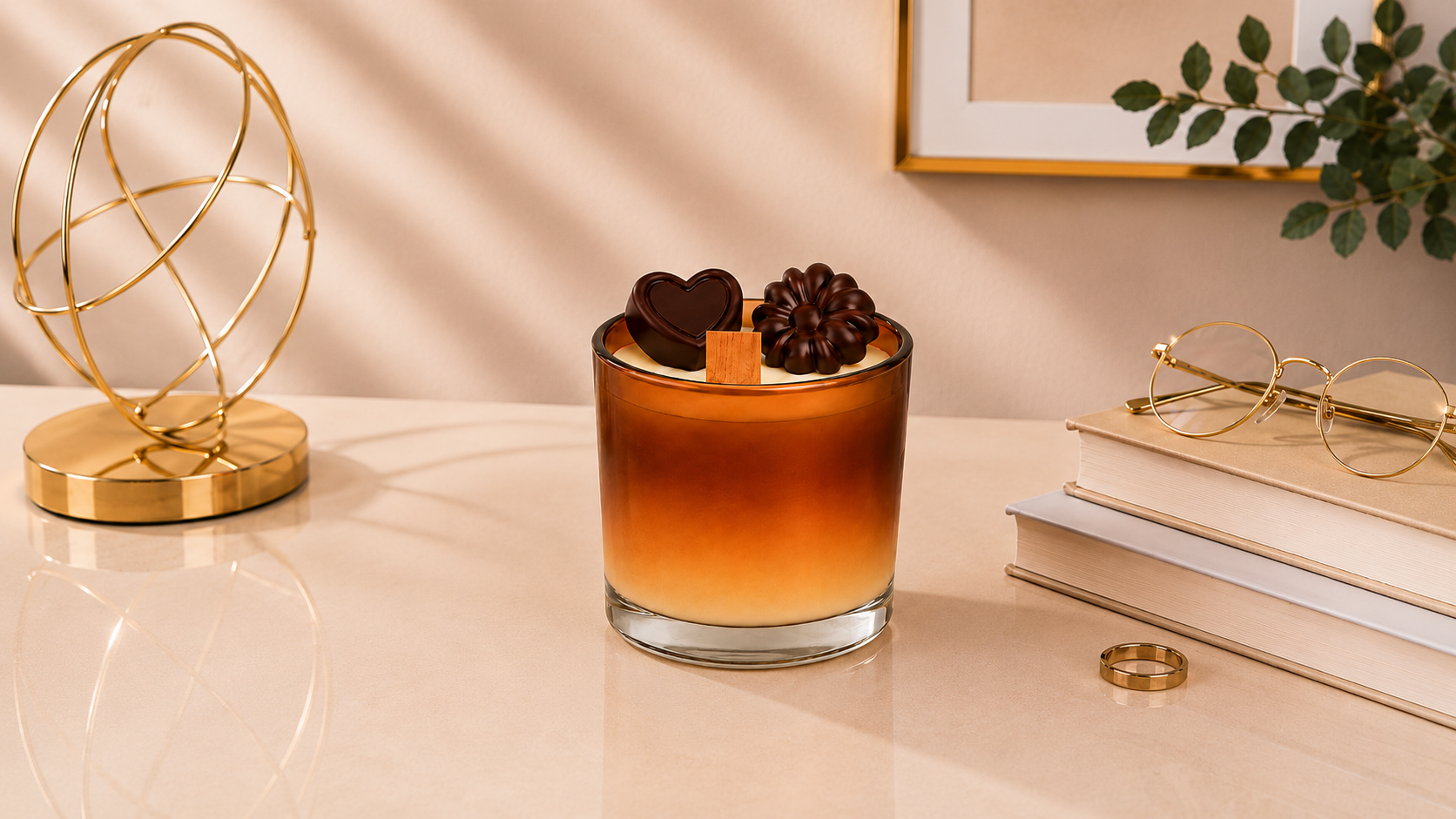 Vela Aromática de Chocolate em copo de vidro degradê nos tons de caramelo e chocolate, com pavio de madeira centralizado e detalhes decorativos inspirados em chocolates artesanais. A vela está posicionada sobre uma mesa clara em um ambiente sofisticado com livros, objeto decorativo dourado e iluminação natural suave.