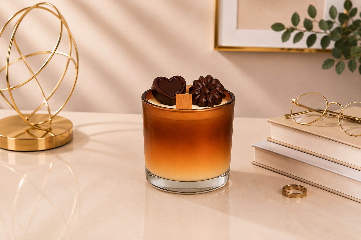 Vela Aromática de Chocolate em copo de vidro degradê nos tons de caramelo e chocolate, com pavio de madeira centralizado e detalhes decorativos inspirados em chocolates artesanais. A vela está posicionada sobre uma mesa clara em um ambiente sofisticado com livros, objeto decorativo dourado e iluminação natural suave.