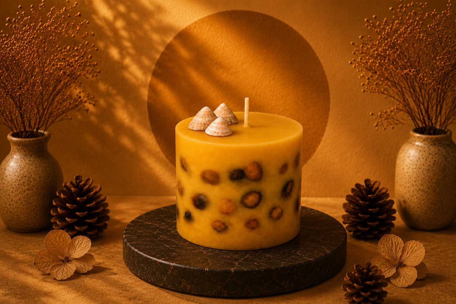 Vela Aromática de Conchas em formato cilíndrico, confeccionada em tom amarelo dourado, com conchas naturais incorporadas à lateral da peça e pequenas conchas decorativas posicionadas na superfície. Apresentada sobre base de pedra escura em cenário sofisticado com iluminação quente e elementos decorativos naturais.