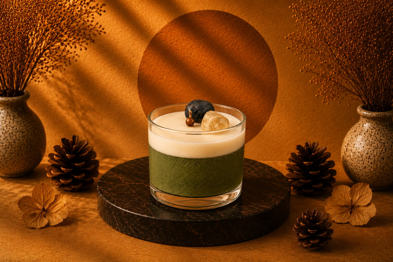Vela Aromática de Cristais em copo de vidro transparente, com base em tom verde musgo e camada superior cremosa. A composição é decorada com cristais naturais e elementos ornamentais posicionados sobre a superfície da vela, apresentada em um cenário sofisticado com iluminação quente, base de pedra escura e elementos decorativos inspirados na natureza.