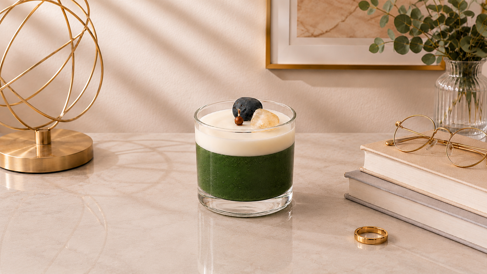 Vela Aromática de Cristais em copo de vidro transparente, composta por uma camada verde intensa e uma camada superior cremosa. A vela é decorada com cristais naturais sobre a superfície e apresentada em um ambiente sofisticado com livros, elementos dourados e folhagens, transmitindo elegância, equilíbrio e bem-estar.
