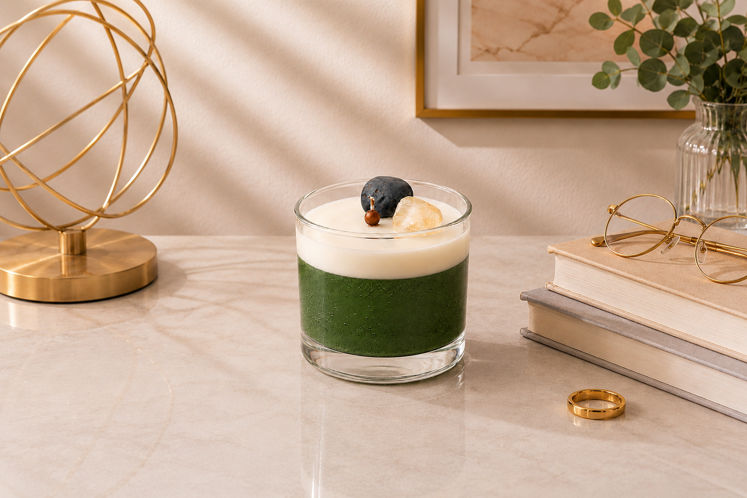 Vela Aromática de Cristais em copo de vidro transparente, composta por uma camada verde intensa e uma camada superior cremosa. A vela é decorada com cristais naturais sobre a superfície e apresentada em um ambiente sofisticado com livros, elementos dourados e folhagens, transmitindo elegância, equilíbrio e bem-estar.