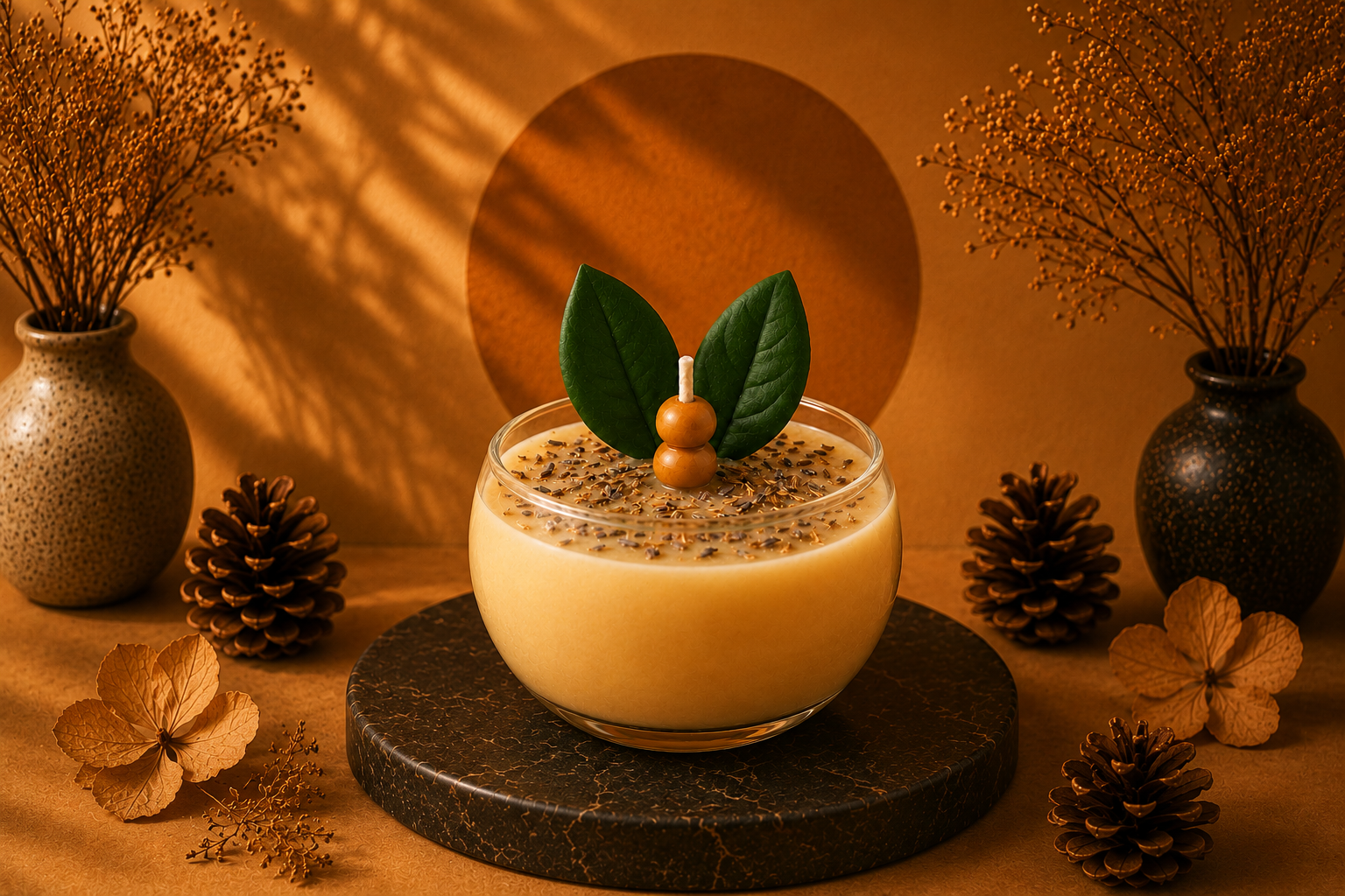 Vela Aromática de Erva Doce em recipiente de vidro transparente arredondado, com cera em tom creme suave e acabamento decorativo com sementes de erva-doce na superfície. O pavio é adornado com pequenas esferas de madeira e folhas verdes, compondo uma apresentação elegante sobre uma base escura em cenário acolhedor com tons quentes.