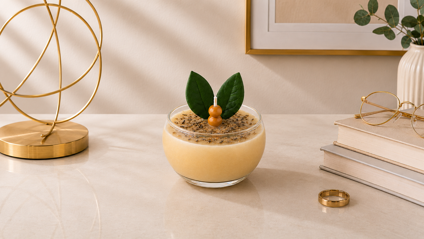 Vela Aromática de Erva Doce em recipiente de vidro transparente arredondado, com cera em tom creme suave e acabamento decorativo com sementes de erva-doce. O pavio central é adornado com pequenas esferas de madeira e folhas verdes naturais, compondo uma apresentação elegante sobre uma mesa clara com elementos decorativos sofisticados ao redor.