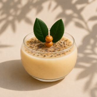 Vela Aromática de Erva Doce em recipiente de vidro transparente arredondado, com cera em tom creme suave e superfície decorada com sementes de erva-doce. O pavio é ornamentado com pequenas esferas de madeira e folhas verdes, criando uma composição elegante e natural sobre fundo claro com sombras suaves de folhagens.