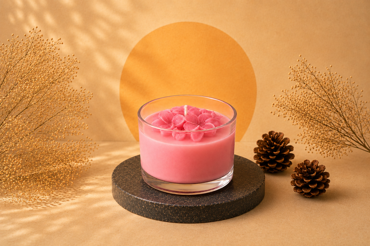 Vela Aromática Flor de Jasmim artesanal em copo de vidro transparente, com acabamento em delicado tom rosé e flores decorativas inspiradas no jasmim esculpidas na superfície, apresentada em cenário elegante com iluminação suave e elementos naturais.