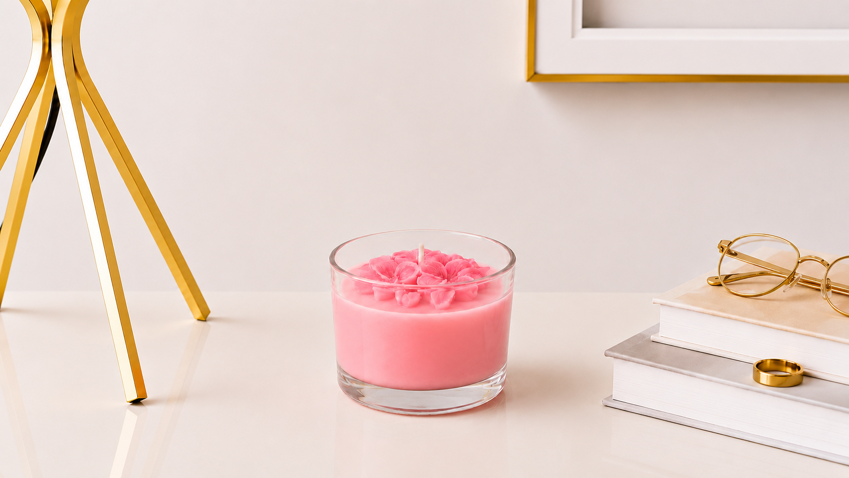 Vela Aromática de Flor de Jasmim artesanal em copo de vidro transparente, com cera rosa suave e delicadas flores decorativas de jasmim na superfície, apresentada em ambiente sofisticado com livros, detalhes dourados e decoração minimalista.