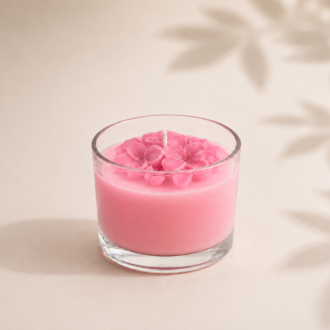 Vela Aromática de Flor de Jasmim em copo de vidro transparente, com cera rosa delicada e flores ornamentais inspiradas no jasmim moldadas na superfície, fotografada sobre fundo claro minimalista com sombras suaves de folhas.