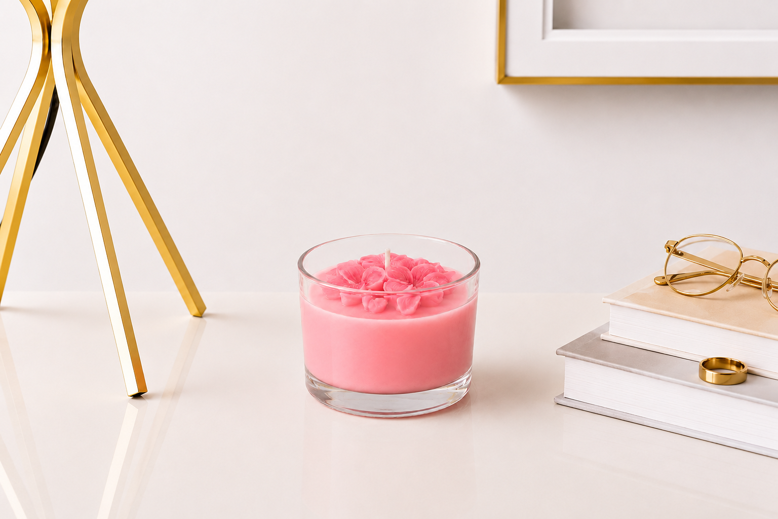Vela Aromática de Flor de Jasmim artesanal em copo de vidro transparente, com cera rosa suave e delicadas flores decorativas de jasmim na superfície, apresentada em ambiente sofisticado com livros, detalhes dourados e decoração minimalista.