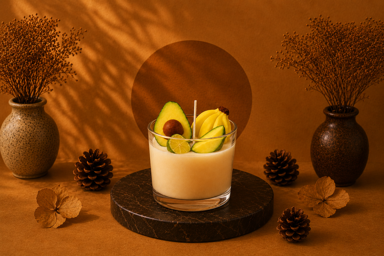 Vela Aromática de Frutas Tropicais em copo de vidro transparente, decorada com miniaturas de frutas como abacate, banana e limão. A vela está posicionada sobre uma base circular escura em um cenário elegante com fundo quente em tons terrosos, círculo decorativo ao centro, vasos ornamentais, pinhas e iluminação suave que valoriza os detalhes artesanais da composição.