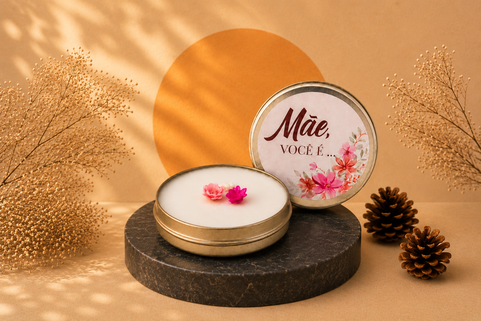 Vela Aromática Dia das Mães em lata decorativa metálica, com acabamento delicado em cera branca e flores decorativas em tons de rosa, acompanhada de tampa personalizada com mensagem temática para homenagear as mães.