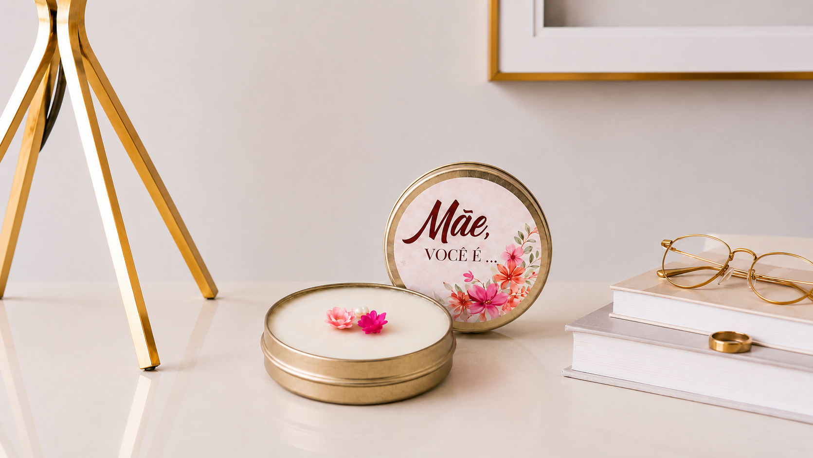 Vela Aromática Dia das Mães em lata metálica decorativa dourada, com tampa personalizada contendo a frase “Mãe, você é...”, apresentada em ambiente elegante com livros, óculos e elementos dourados.