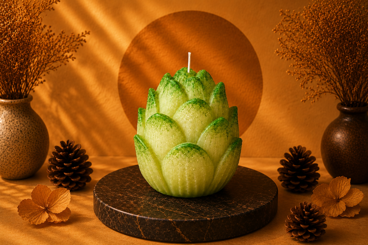 Vela Aromática Flor de Lótus em formato escultural inspirado nas pétalas de uma flor de lótus, com tons suaves de verde e acabamento artesanal detalhado. A peça está posicionada sobre uma base de pedra escura em um cenário elegante com iluminação quente, elementos naturais e atmosfera acolhedora.