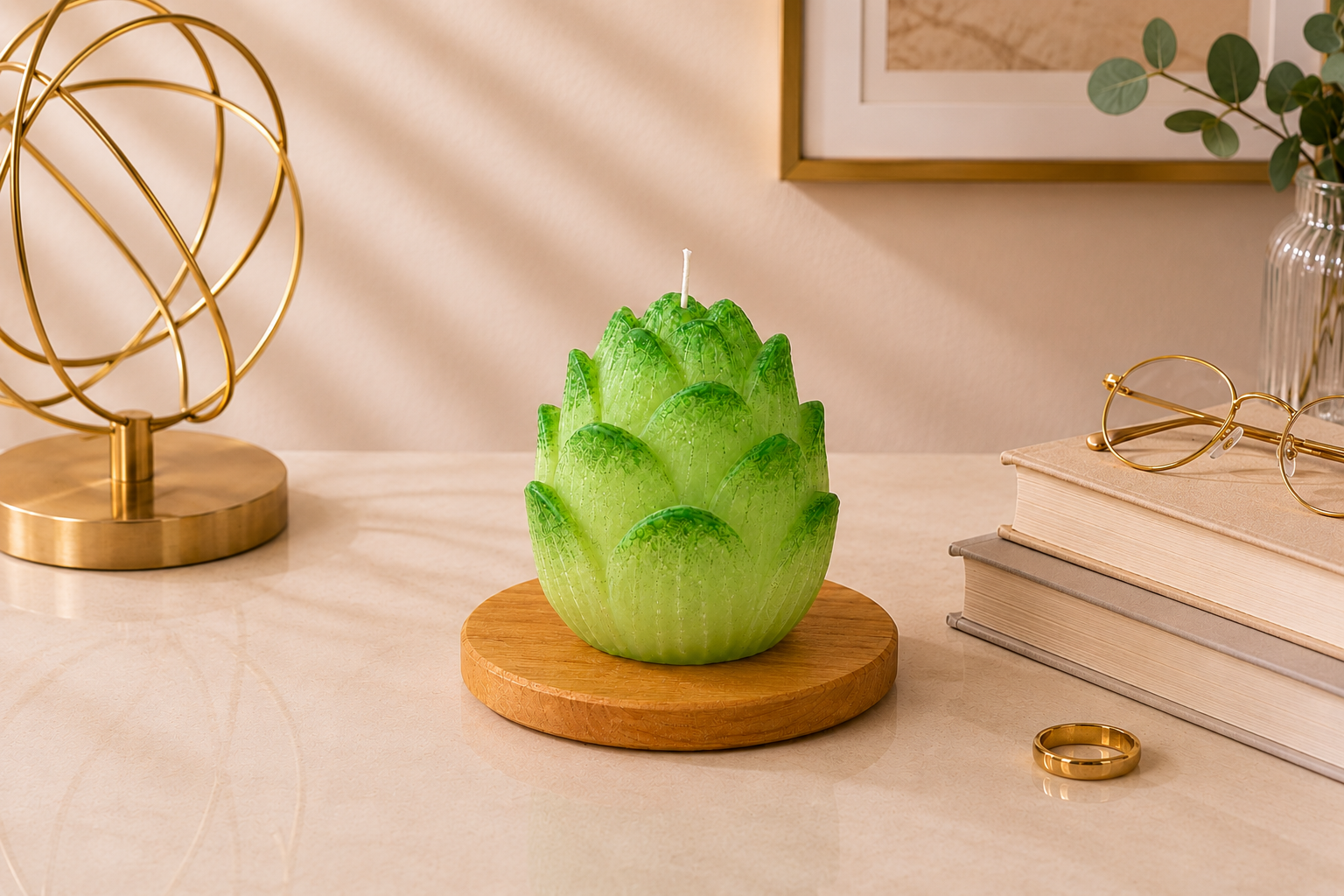 Vela Aromática Flor de Lótus artesanal em formato de flor, com pétalas em tons suaves de verde e acabamento detalhado. A peça está posicionada sobre uma base redonda de madeira em um ambiente sofisticado, com decoração elegante, iluminação suave e elementos dourados ao redor.