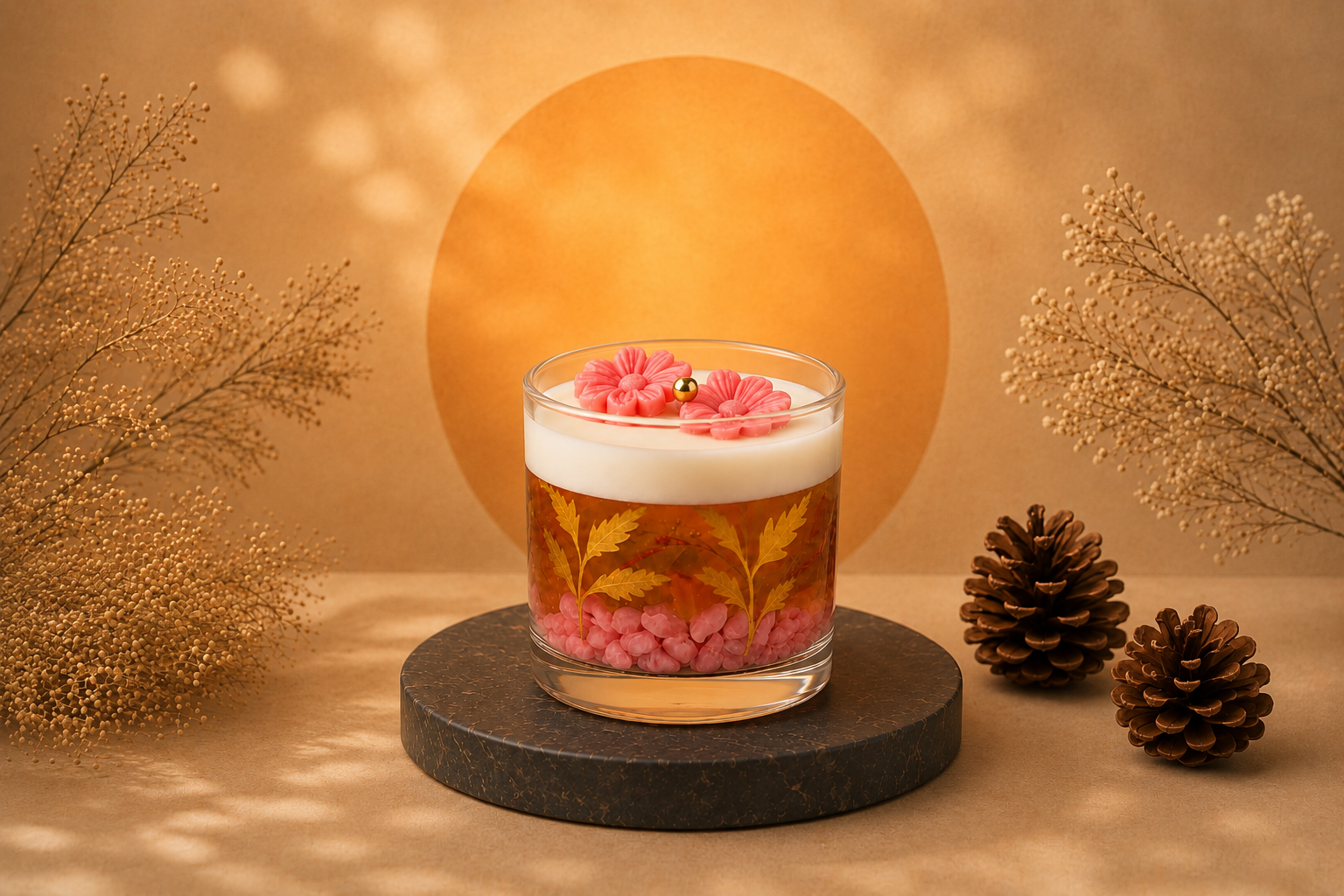 Vela Aromática Floral Rosé artesanal em copo de vidro transparente, combinando parafina branca e gel decorativo em tom rosé com elementos botânicos e flores ornamentais na superfície, apresentada em cenário elegante com iluminação suave e detalhes naturais.