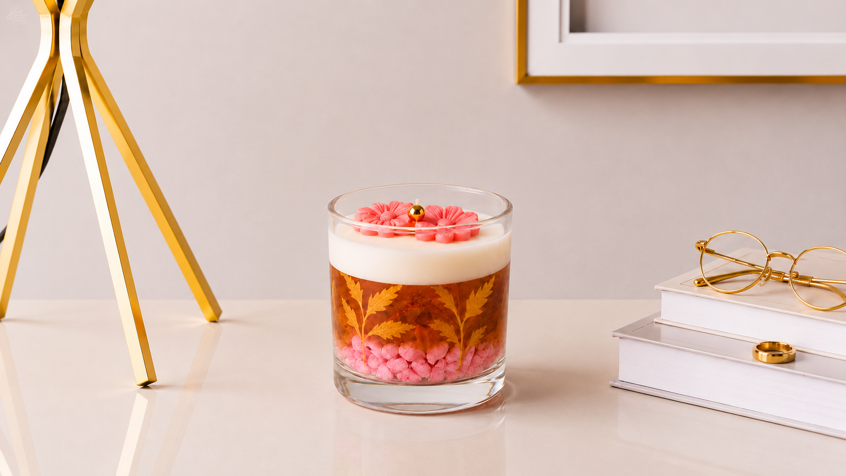 Vela Aromática Floral Rosé artesanal em copo de vidro transparente, com camada superior de parafina branca, gel decorativo em tom rosé com folhas ornamentais douradas e pedras decorativas rosadas, apresentada em ambiente sofisticado com livros e detalhes dourados.