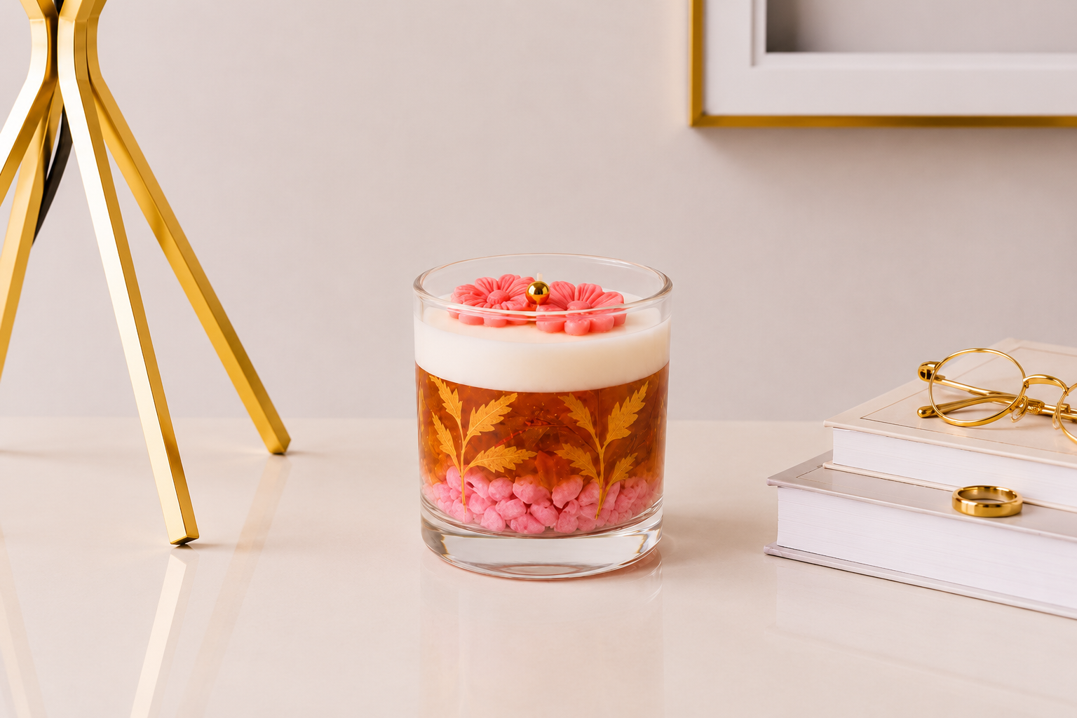 Vela Aromática Floral Rosé artesanal em copo de vidro transparente, com camada superior de parafina branca, gel decorativo em tom rosé com folhas ornamentais douradas e pedras decorativas rosadas, apresentada em ambiente sofisticado com livros e detalhes dourados.