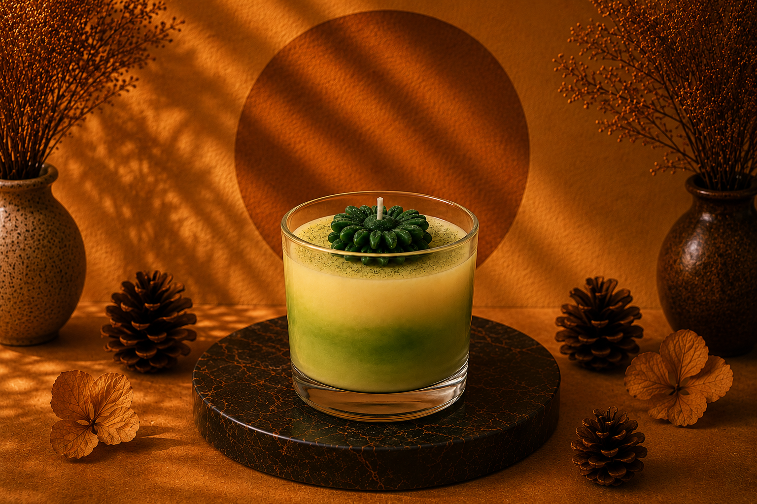 Vela Aromática Flower Green em copo de vidro transparente, com efeito degradê em tons suaves de verde e creme. No topo, uma delicada flor verde esculpida em cera serve como elemento decorativo central. A vela está posicionada sobre uma base circular escura, cercada por elementos naturais e iluminada por uma atmosfera aconchegante com fundo quente em tons terrosos.