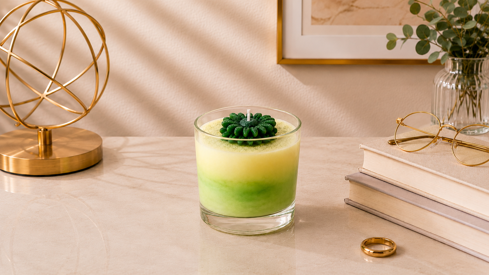 Vela Aromática Flower Green artesanal em copo de vidro transparente, com delicado efeito degradê em tons de verde e creme. No topo, uma elegante flor verde esculpida em cera complementa o design da peça. A vela está posicionada sobre uma superfície clara em um ambiente sofisticado, cercada por elementos decorativos em dourado, livros e folhagens, transmitindo uma atmosfera de equilíbrio, frescor e elegância.