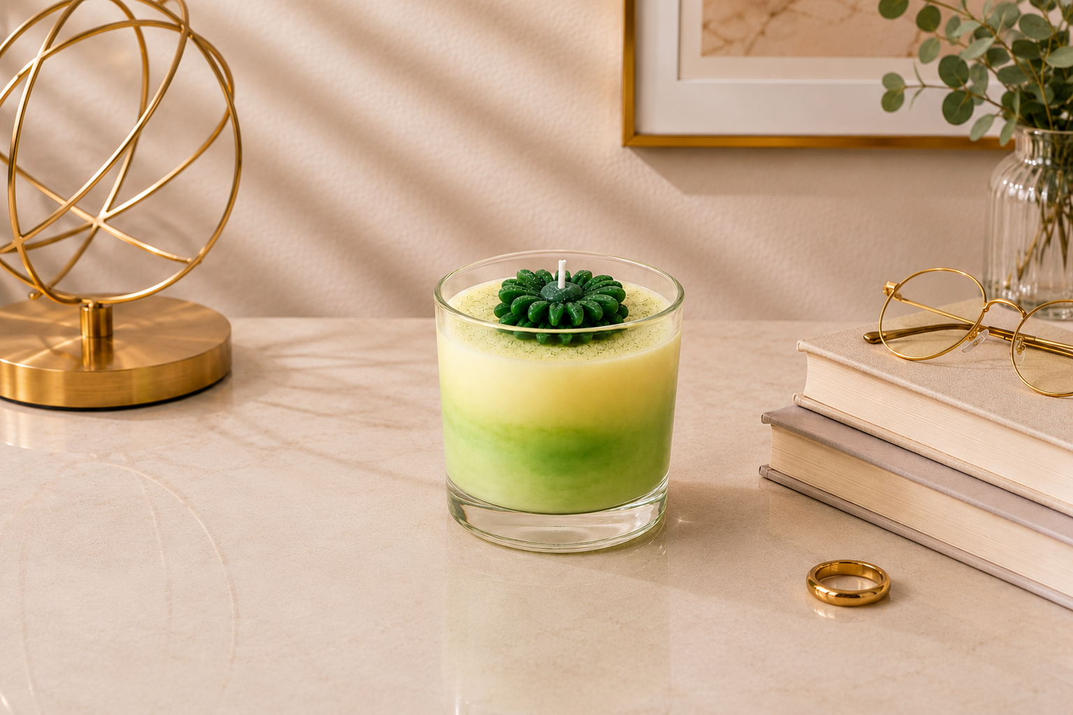 Vela Aromática Flower Green artesanal em copo de vidro transparente, com delicado efeito degradê em tons de verde e creme. No topo, uma elegante flor verde esculpida em cera complementa o design da peça. A vela está posicionada sobre uma superfície clara em um ambiente sofisticado, cercada por elementos decorativos em dourado, livros e folhagens, transmitindo uma atmosfera de equilíbrio, frescor e elegância.