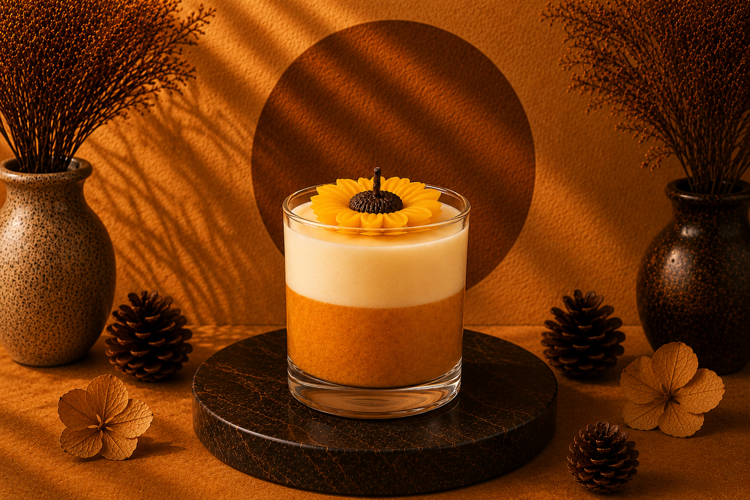 Vela Aromática Girassol em recipiente de vidro transparente, composta por uma camada inferior em tom amarelo dourado e camada superior de cera branca cremosa. A vela é decorada com um delicado girassol artesanal no topo, formando uma composição elegante e acolhedora. A fotografia apresenta fundo quente em tons terrosos, com iluminação suave, base circular escura, pinhas decorativas e elementos naturais que reforçam a atmosfera aconchegante e sofisticada.