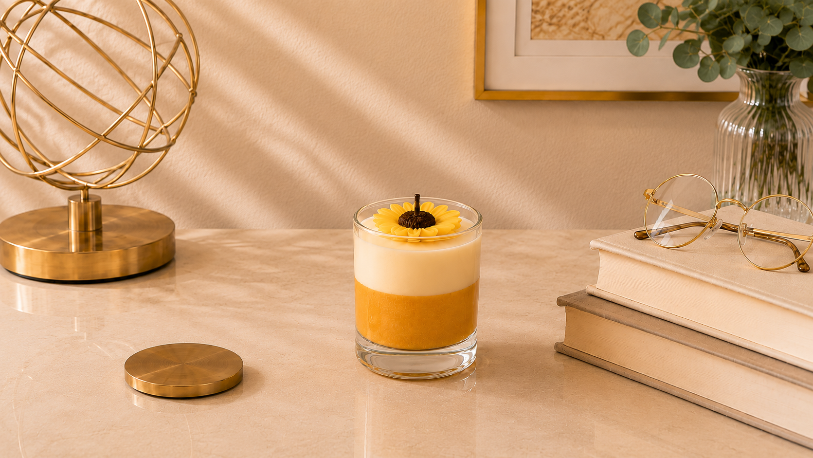 Vela Aromática Girassol em recipiente de vidro transparente, composta por uma camada inferior em tom amarelo dourado e uma camada superior de cera branca cremosa. No topo, um delicado girassol artesanal serve como destaque decorativo. A vela está posicionada sobre uma superfície clara em ambiente sofisticado, acompanhada por livros decorativos, objeto metálico dourado, vaso com folhagens e iluminação natural suave, transmitindo elegância, aconchego e bem-estar.
